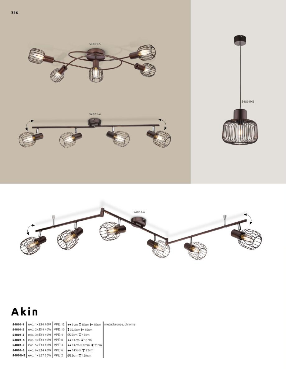 Regleta AKIN de seis focos marrón orientables para bombillas E14