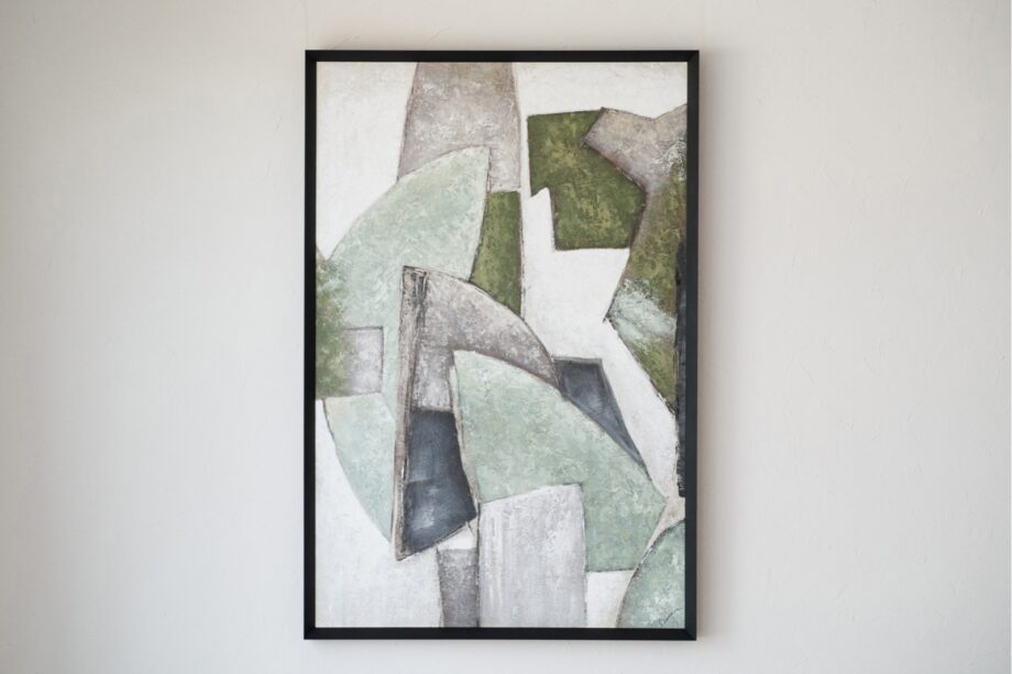 SET de dos cuadros ABSTRACTO FORMAS N1 +N2 VERDE GRIS con marco negro VP Interiorismo