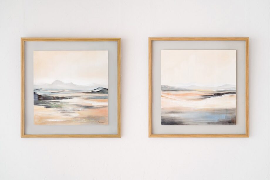 Cuadro ABSTRACTO HORIZONTE N1 ocre gris con marco natural y cristal