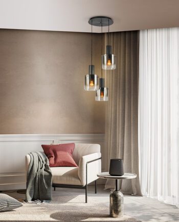 Lámpara VENIZE negra con 3 colgantes de cristal fumé I3 Iluminación