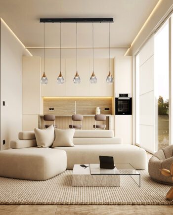 Lámpara CORINA en línea de 5 colgantes negra con detalles cobre y cristal transparente de 30W Led integrado dimable Schuller
