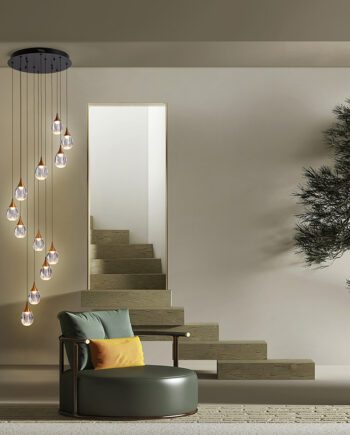 Lámpara CORINA en línea de 12colgantes negra con detalles cobre y cristal transparente de 72W Led integrado dimable Schuller