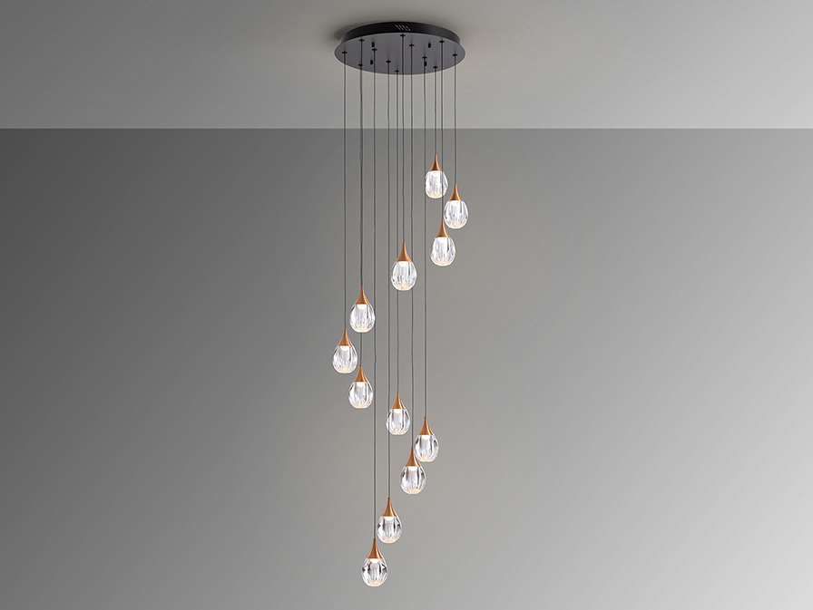 Lámpara CORINA de 12colgantes negra con detalles cobre y cristal transparente de 72W Led integrado dimable Schuller
