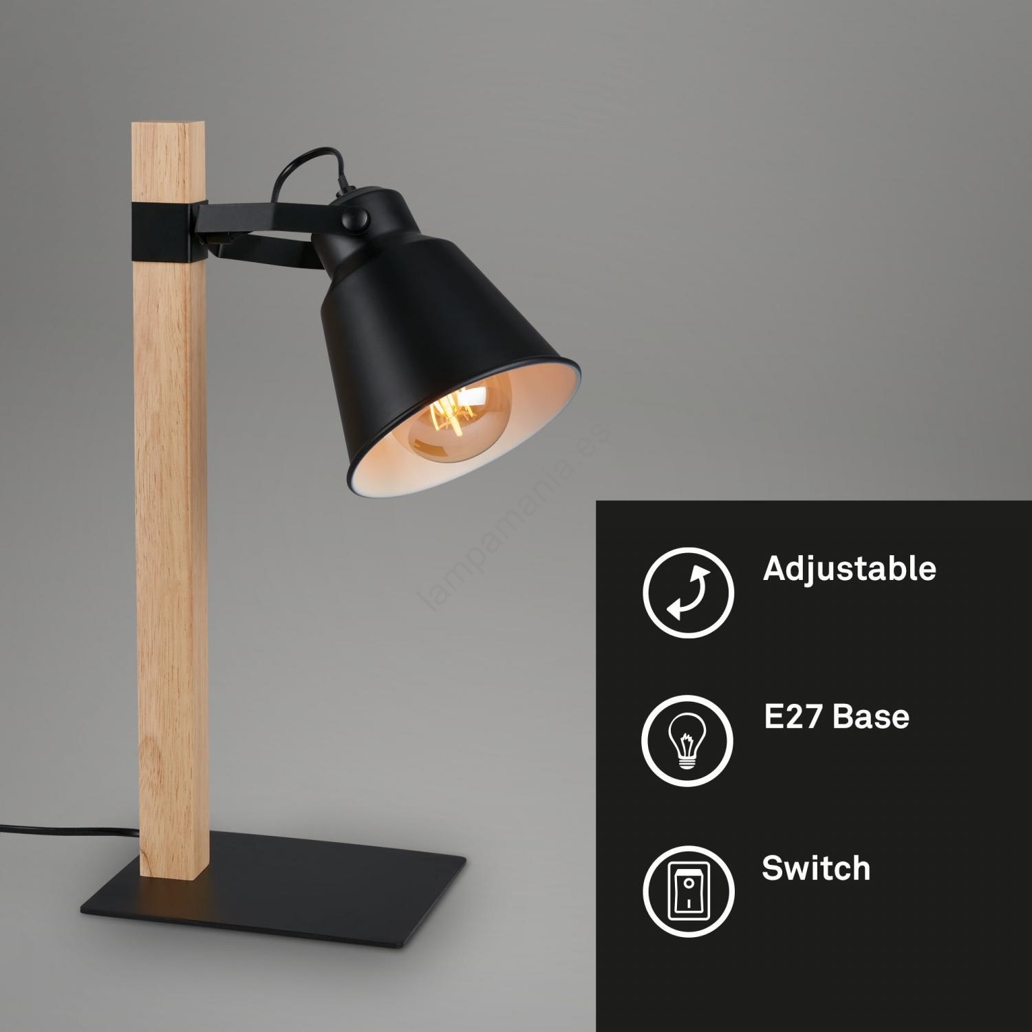 Lámpara sobremesa TALE de madera y negro orientable Briloner