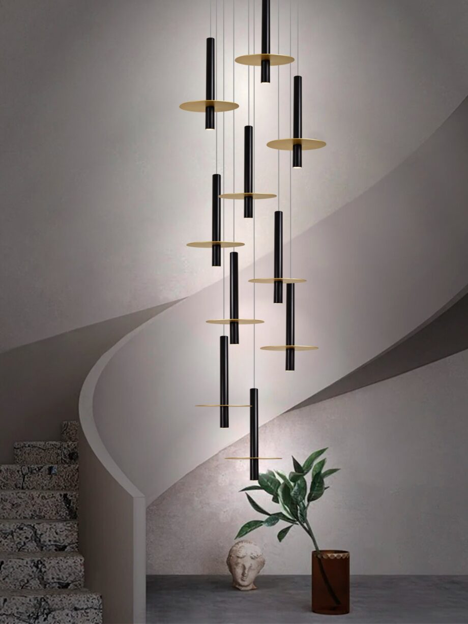 Lámpara de 10 cilindros negros y discos dorados estrechos Led Silvioss
