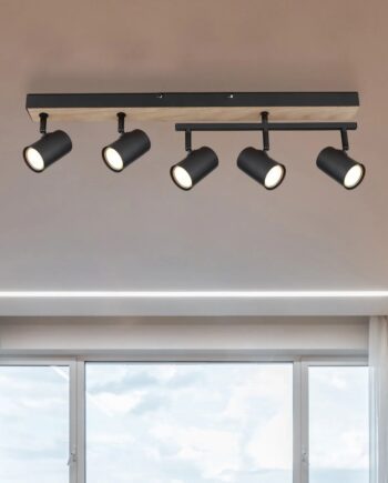 ROBBY: Regleta de 5 focos orientables base rectangular negra y madera para bombillas gu10 Led, 57911-5bw Globo Lighting.