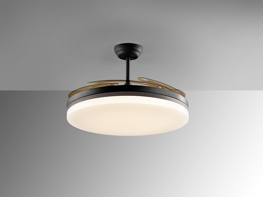 Ventilador VENTO MAXI negro de aspas retráctiles con 70w Led CCT Dimable Schuller.