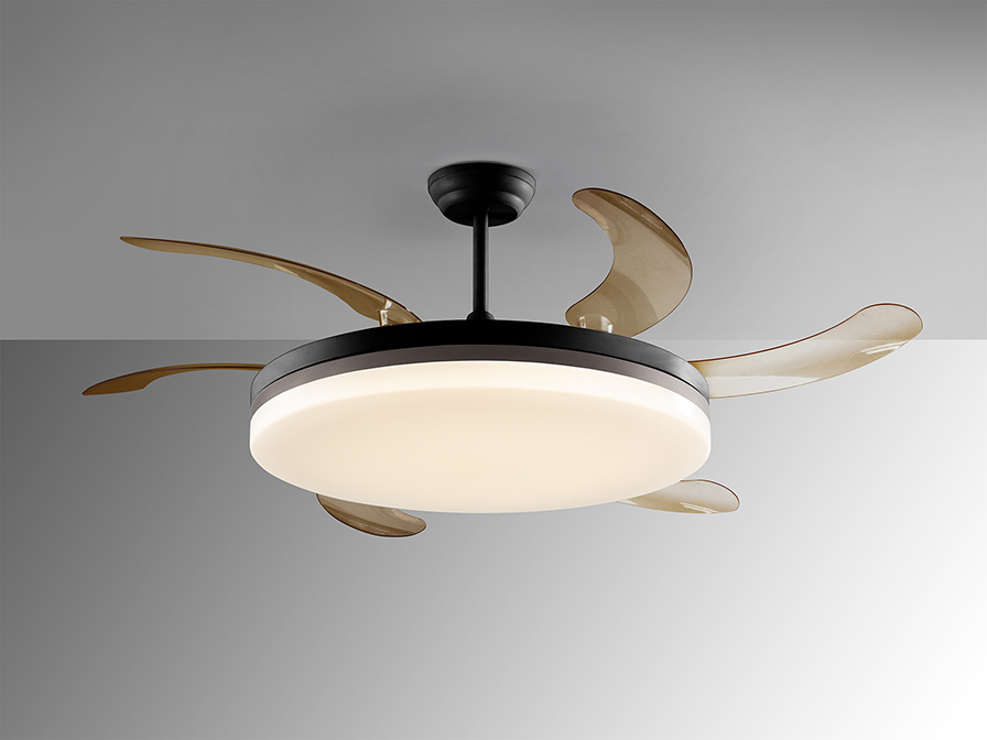 Ventilador VENTO MAXI negro de aspas retráctiles con 70w Led CCT Dimable Schuller.