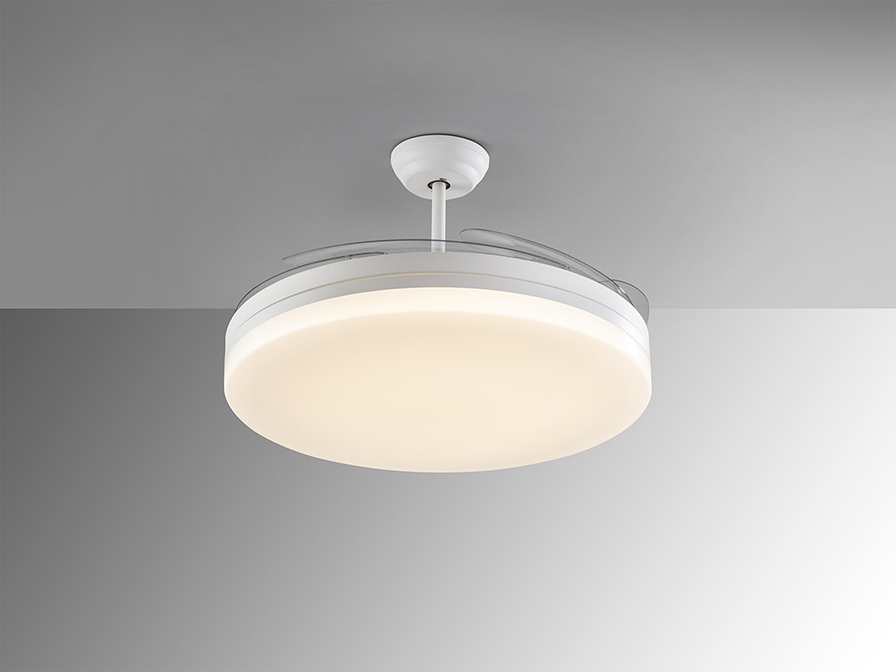 Ventilador VENTO MAXI blanco de aspas retráctiles con 70w Led CCT Dimable Schuller.