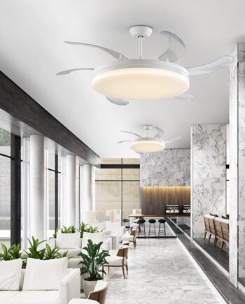 Ventilador VENTO MAXI blanco de aspas retráctiles con 70w Led CCT Dimable Schuller.