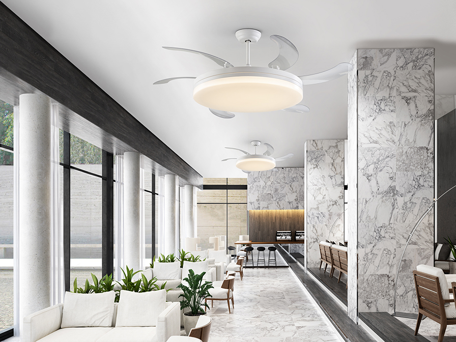 Ventilador VENTO MAXI blanco de aspas retráctiles con 70w Led CCT Dimable Schuller.