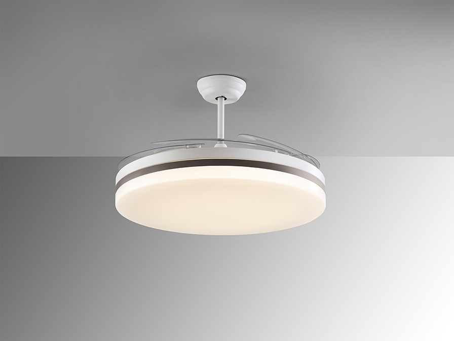 Ventilador VENTO MAXI blanco con aro bronce de aspas retráctiles con 70w Led CCT Dimable Schuller.