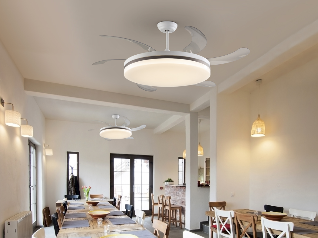 Ventilador VENTO MAXI blanco con aro bronce de aspas retráctiles con 70w Led CCT Dimable Schuller.