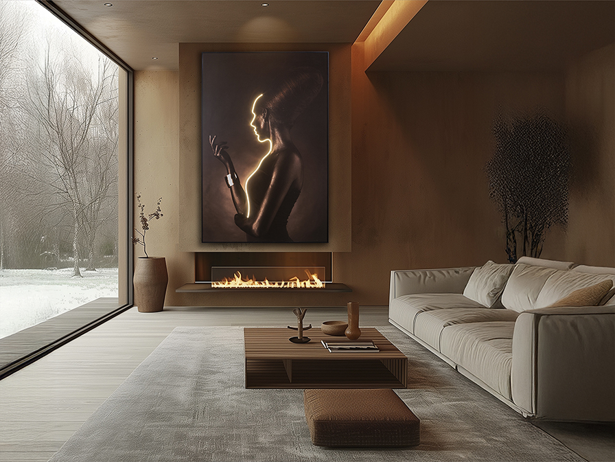 SILUETA - Lienzo impreso perfil de mujer sobre tabla y con marco negro con Led Schuller