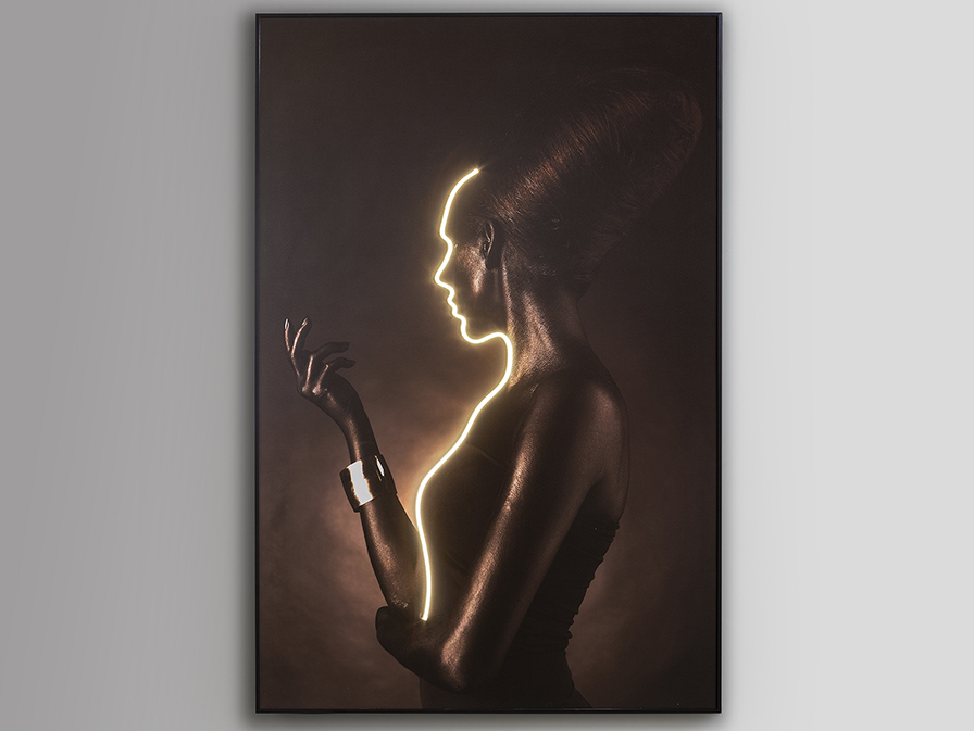 SILUETA - Lienzo impreso perfil de mujer sobre tabla y con marco negro con Led Schuller