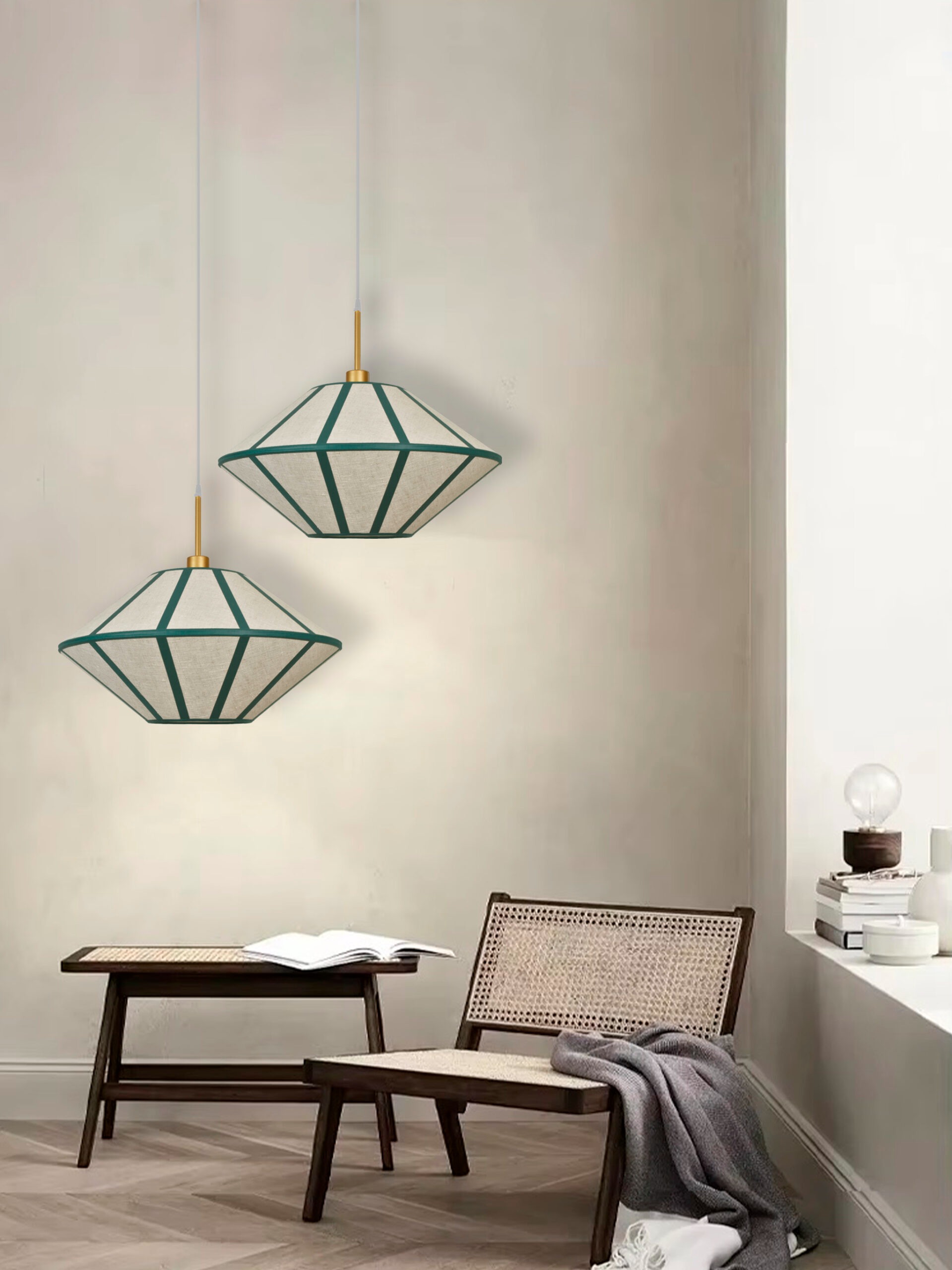 Lámpara de pantalla PREMIUM diseño geométrico beige con vivos verdes Silvioss