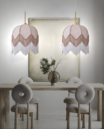Lámpara de pantalla PREMIUM diseño dobles flecos beige Silvioss
