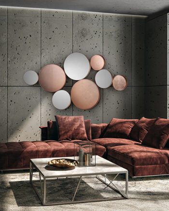 Espejo MALMO composición aros metal en oro rosa con espejos y pan de oro rosa Schuller