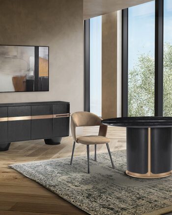 Aparador LUCA madera roble de 4 puertas y detalles acero oro rosa Schuller