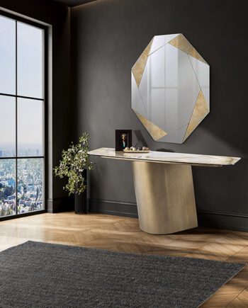 Consola NUMA tapa porcelánico y cristal con pie metal latón cepillado Schuller