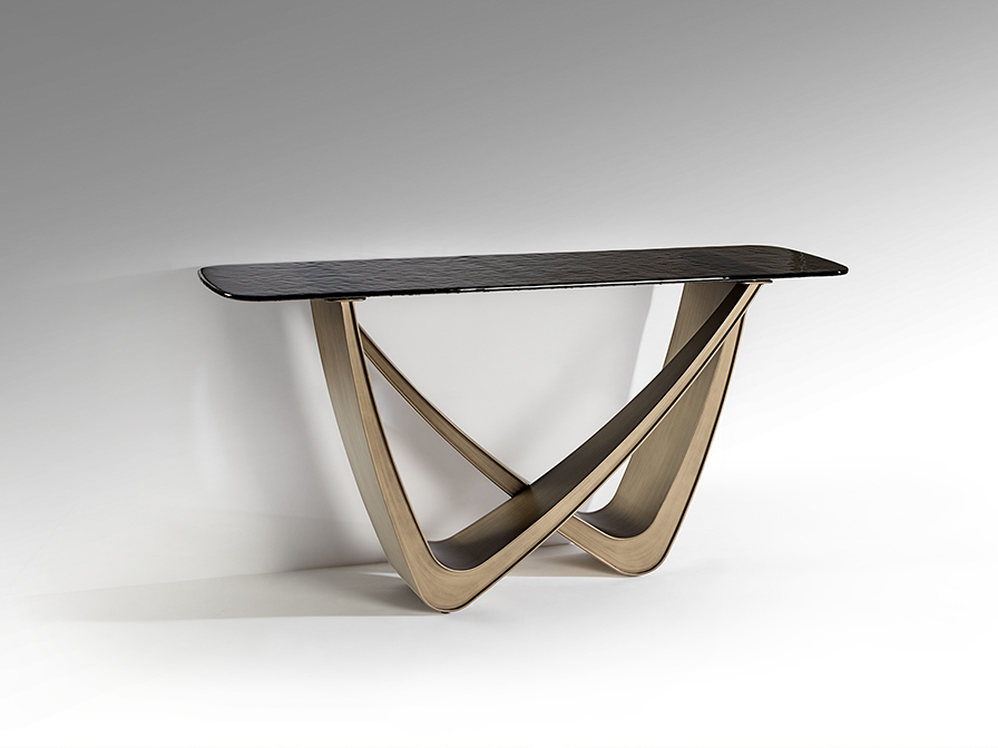 Consola GENESIS tapa cristal con pie metal bronce envejecido Schuller
