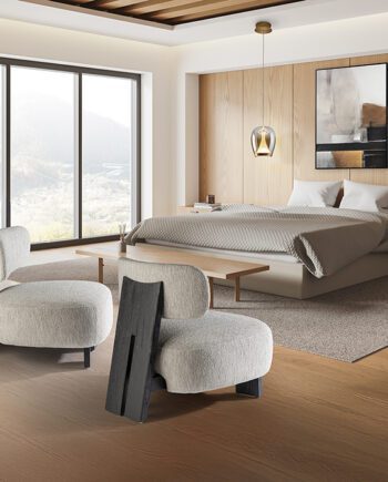 Butaca TOPAZ tapizada en chenilla crudo con madera negra Schuller