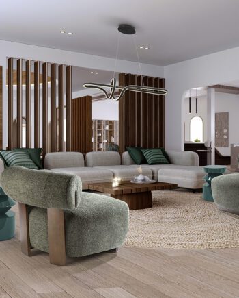 Butaca NAOMI tapizada en chenilla verde jaspeado con madera nogal Schuller