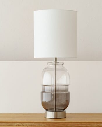 Lámpara sobremesa EDA vidrio ahumado degradado VP Interiorismo, pantalla lino blanco