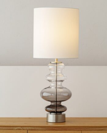 Lámpara sobremesa AVA vidrio ahumado degradado VP Interiorismo, pantalla lino blanco