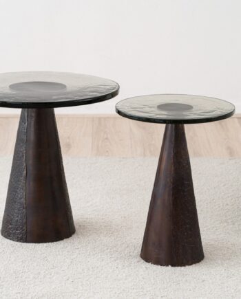 Mesa de centro KALA metal acabado óxido y vidrio alta VP Interiorismo