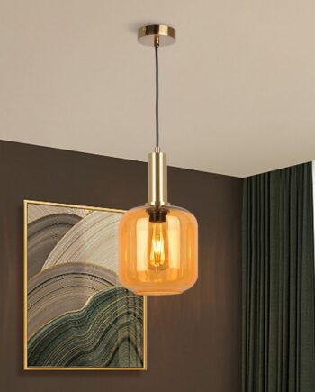 Colgante negro y cuero con cristal ámbar para bombilla E27 JM Lamps