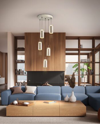 Lámpara redonda ALFARA gris claro con 5 colgantes cerámica crema 40w Led Schuller