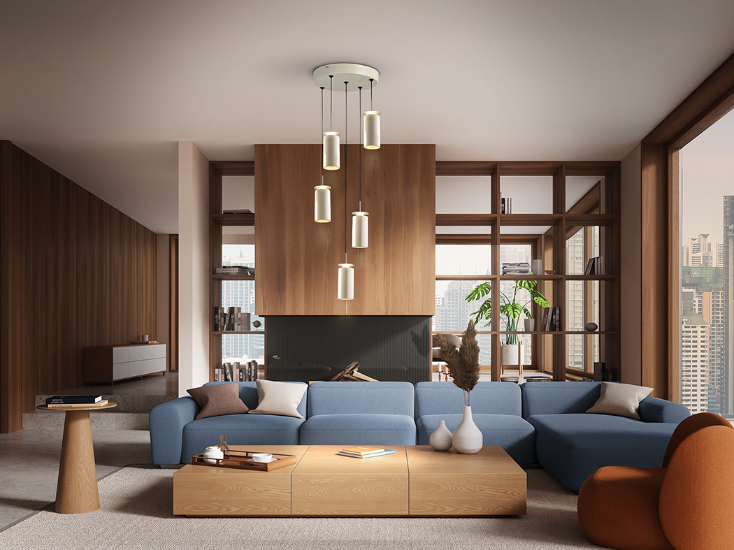 Lámpara redonda ALFARA gris claro con 5 colgantes cerámica crema 40w Led Schuller