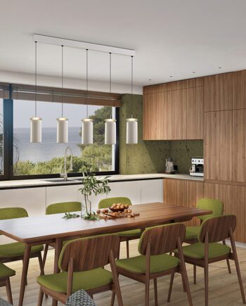 Lámpara en línea ALFARA gris claro con 5 colgantes cerámica crema 40w Led Schuller