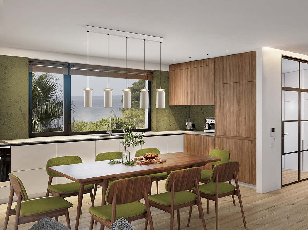 Lámpara en línea ALFARA gris claro con 5 colgantes cerámica crema 40w Led Schuller