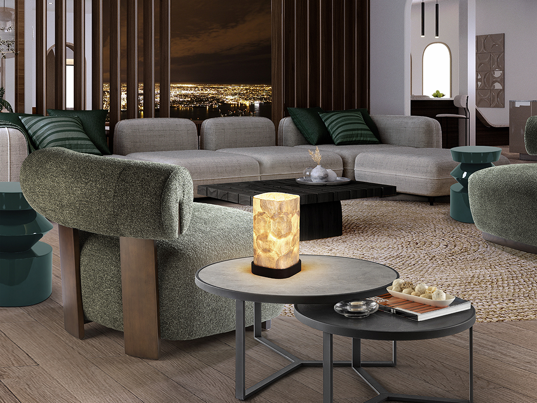 Sobremesa NAKAR negro con tulipa nácar bombilla Led E14 Schuller