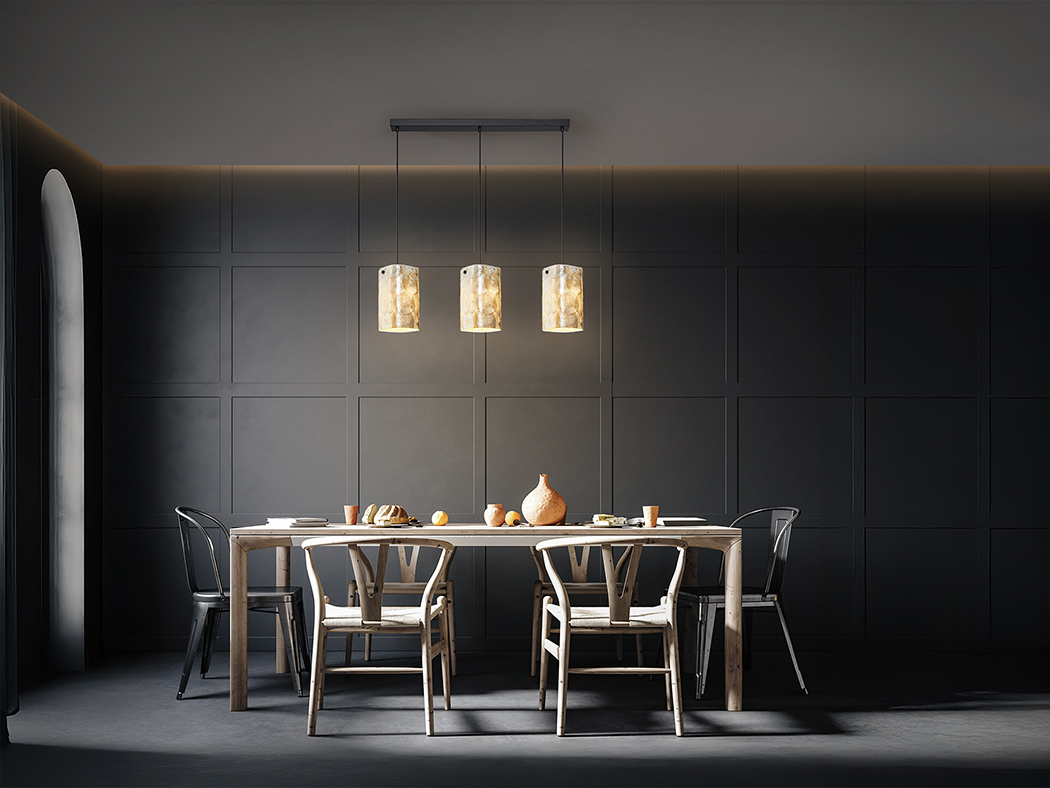 Lámpara en línea NAKAR negra con 3 tulipas nácar bombilla Led E14 Schuller